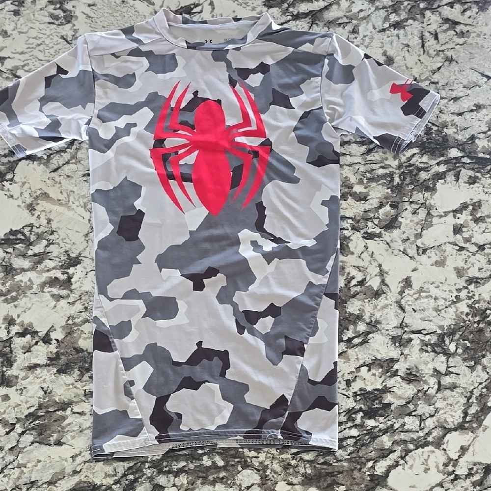 Under Armour Red Gray Spiderman Camouflage Short Sleeve Compression Tee